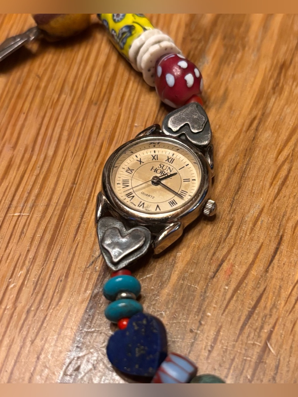 Jes Maharry Silver Heart Women's Bracelet Watch - Sun Horse, Vintage Beads